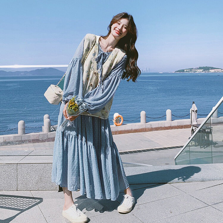 2点セット！【セットアップ】ベスト重ね着風 ロングワンピース 2点セット 春秋 韓国スタイル フレッシュ可愛い 学院風【SHシリーズ】