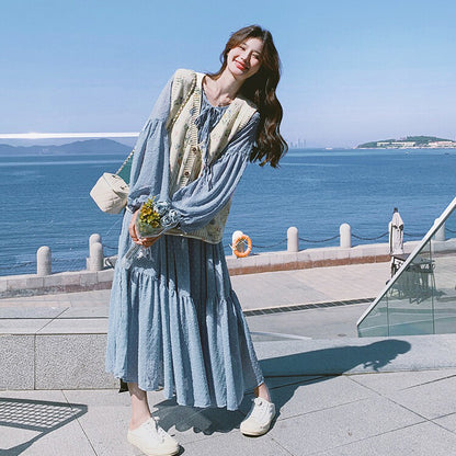 2点セット！【セットアップ】ベスト重ね着風 ロングワンピース 2点セット 春秋 韓国スタイル フレッシュ可愛い 学院風【SHシリーズ】