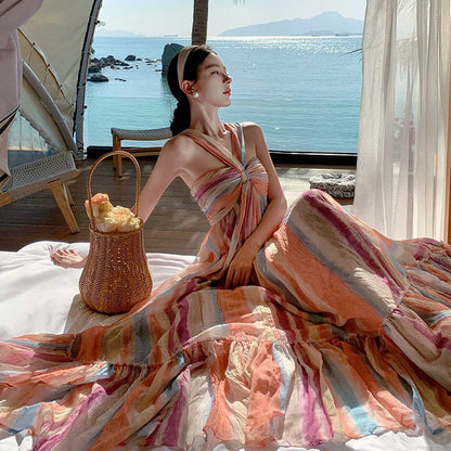 多巴胺暈染印花洋裝｜掛脖無袖度假長洋裝【SH系列】