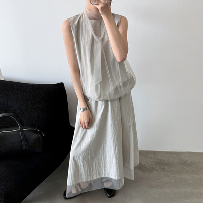 【セットアップ】上品風 ノースリーブ シャツ & シアースカート 上下セット レディース 夏 タイネック フェミニン Aライン ゆったり 通勤 体型カバー 人気【JZシリーズ】