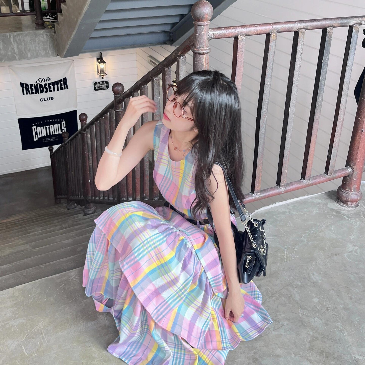 【ワンピース】 レインボーチェック ノースリーブ ティアードワンピース 夏 レディース フェミニン 体型カバー リゾート風 着痩せ ゆったり Aライン 大人可愛い バカンス 海辺旅行【SHシリーズ】