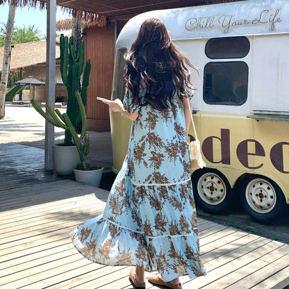 【ワンピース】リゾートワンピース レディース ブルー オフショルダー 花柄プリント レース切替 ロング丈 上品【SHシリーズ】