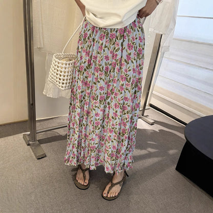 【ボトムス】春夏新作 気質 ゴムウエスト リゾート風 プリーツフラワー柄 スカート【SHシリーズ】