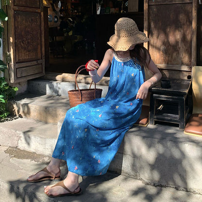 【ワンピース】ホリデーコーデにぴったり！立体刺繍テープ付きホルターネック ノースリーブワンピース リゾート風【SHシリーズ】