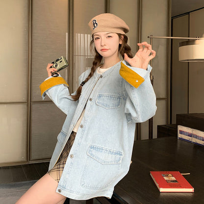 【アウター】ライトブルー デニムジャケット レディース 春秋 韓国風 カジュアル ウォッシュ加工 ゆったり【JZシリーズ】