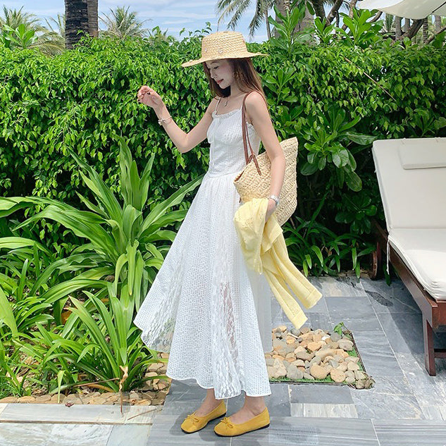 【ワンピース】リゾート風 フレンチ ホワイトレース ノースリーブワンピース 夏 レディース ウエストマーク キャミワンピース【JZシリーズ】