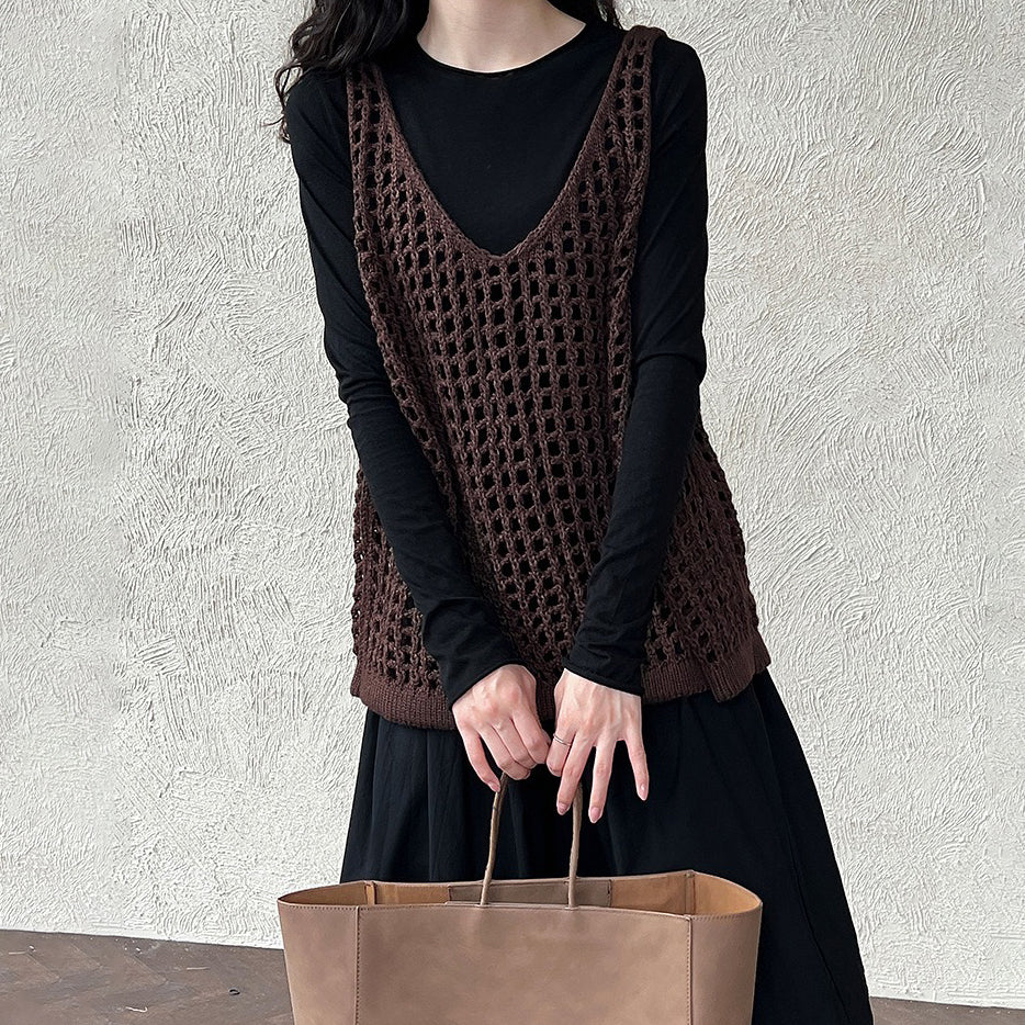 【トップス】ウール混 透かし編み ニットベスト｜Vネック×レイヤードに最適な秋トップス【JZシリーズ】