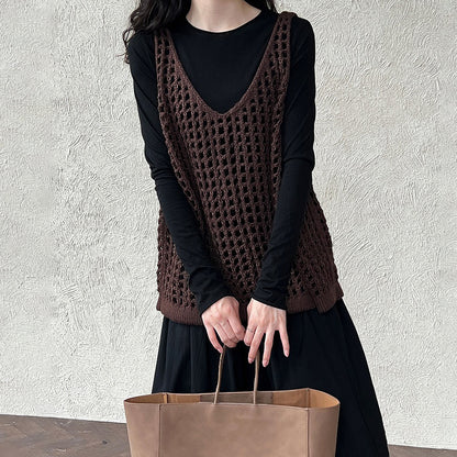 【トップス】ウール混 透かし編み ニットベスト｜Vネック×レイヤードに最適な秋トップス【JZシリーズ】