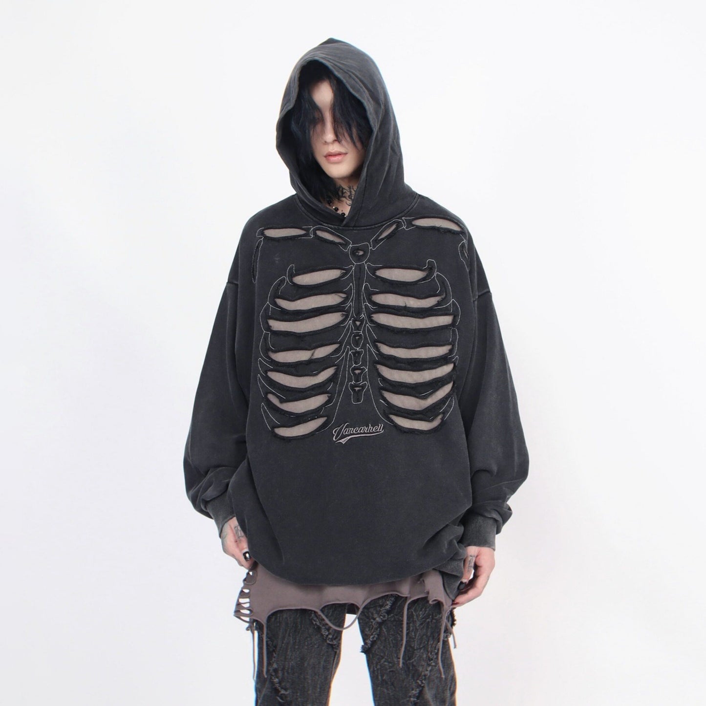 【トップス】スカルデザイン パーカー ユニセックス ヴィンテージ加工 オーバーサイズ ストリート【FCシリーズ】