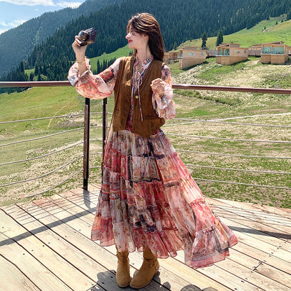 【セットアップ】メラード風 ベスト+花柄長袖ワンピース セット 春秋 若見え 上品でエレガント 超おしゃれ【SHシリーズ】