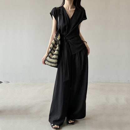 【セットアップ】【単品注文】夏 Vネック ノースリーブ シャツ + ワイドパンツ 2点上下セット 【SNシリーズ】