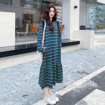 【ワンピース】韓国風リラックスストライプ 長袖  ロングワンピース レディース 秋新作 大人可愛い ゆるシルエット 着痩せ見え デイリーワンピ【JZシリーズ】