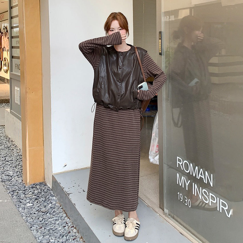 2点セット！【セットアップ】マラード風 おしゃれ レザーベスト＋ストライプワンピース セットアップ  春秋 韓国風 学院風【JZシリーズ】