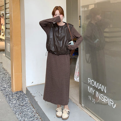 2点セット！【セットアップ】マラード風 おしゃれ レザーベスト＋ストライプワンピース セットアップ  春秋 韓国風 学院風【JZシリーズ】