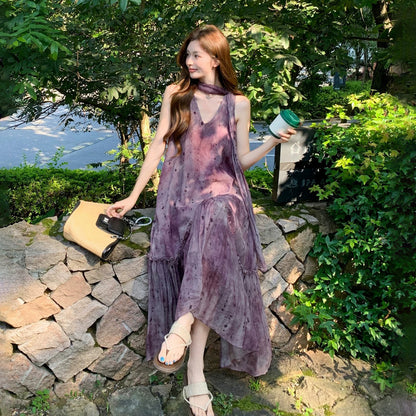 【ワンピース】ぼかし染め Vネック ノースリーブ ワンピース レディース 夏 ふんわり フリル 切り替え かわいい 上品【SHシリーズ】
