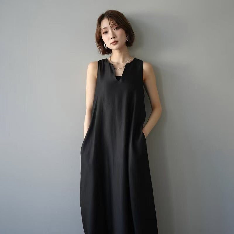 【ワンピース】ナチュラル 韓国風 シンプル ノースリーブ 無地 Vネック リネンライク キャミワンピース レディース 夏 森系 ゆったり ロングワンピース【JZシリーズ】