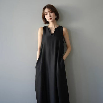 【ワンピース】ナチュラル 韓国風 シンプル ノースリーブ 無地 Vネック リネンライク キャミワンピース レディース 夏 森系 ゆったり ロングワンピース【JZシリーズ】