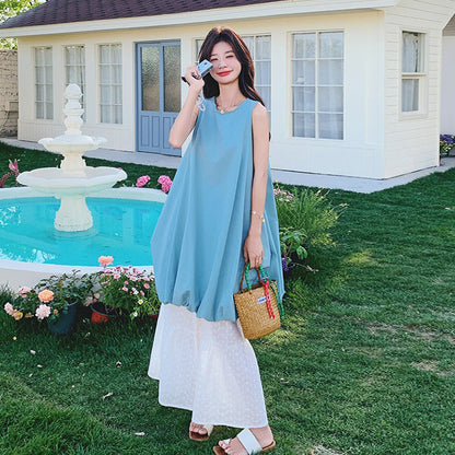 2点セット！【セットアップ】夏新作 優しげコーデ ノースリーブワンピース ＋ レースワイドパンツ 2点セット【JZシリーズ】