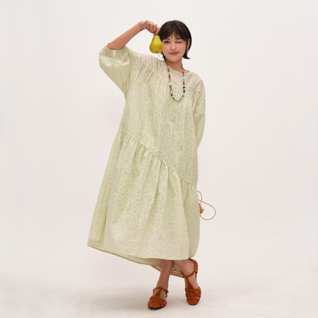 【ワンピース】夏 青みグリーン 楊柳 コットン フレンチラウンドネック 半袖 ワンピース 【SHシリーズ】