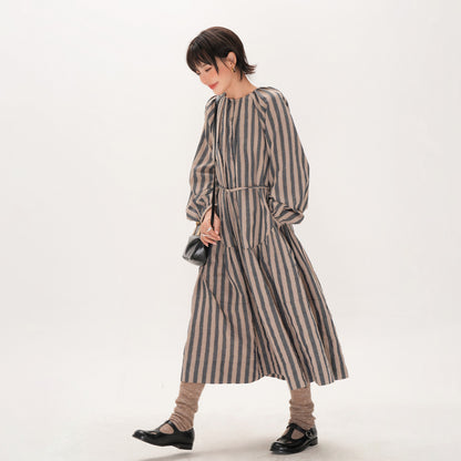 【ワンピース】ストライプ ワンピース 秋 オリジナル 日本風 ゆったり ミディアム丈 長袖 ロングワンピース【SHシリーズ】【JZシリーズ】【15-25日発送】