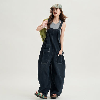 【ボトムス】デニムオールインワン キャミサロペット 配色ステッチデザイン ワイドパンツ ブルーブラック ヴィンテージ風 カジュアル 夏【JZシリーズ】
