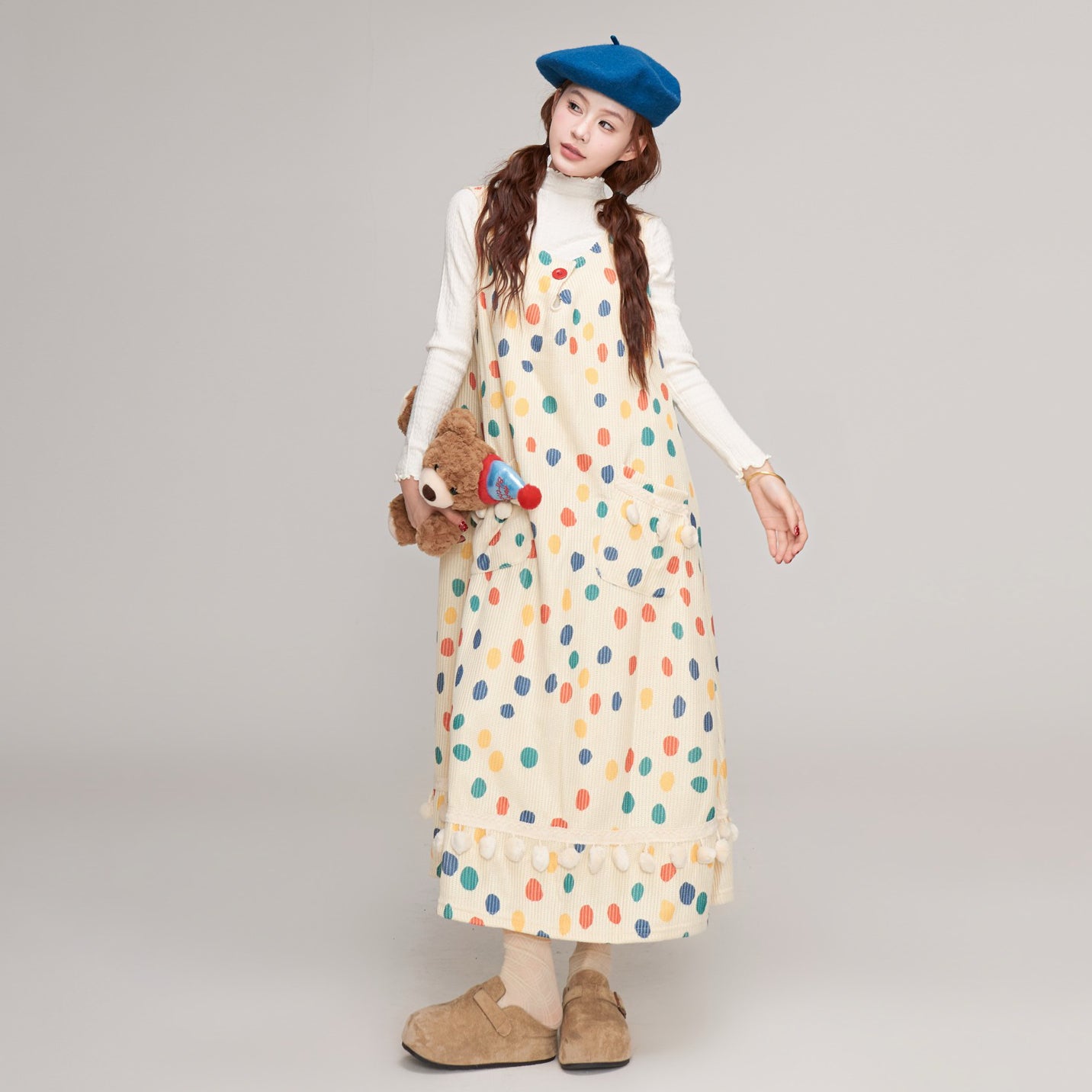 【ワンピース】秋冬 ゆったり可愛い ドット柄 サロペットワンピース レディース Aラインデザイン ノースリーブワンピース【JZシリーズ】【SHシリーズ】