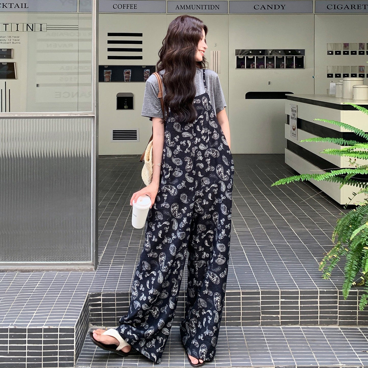 2点セット！【セットアップ】レトロプリントサロペット レディース 夏 半袖Tシャツ 上下セット ゆったり カジュアル【SHシリーズ】