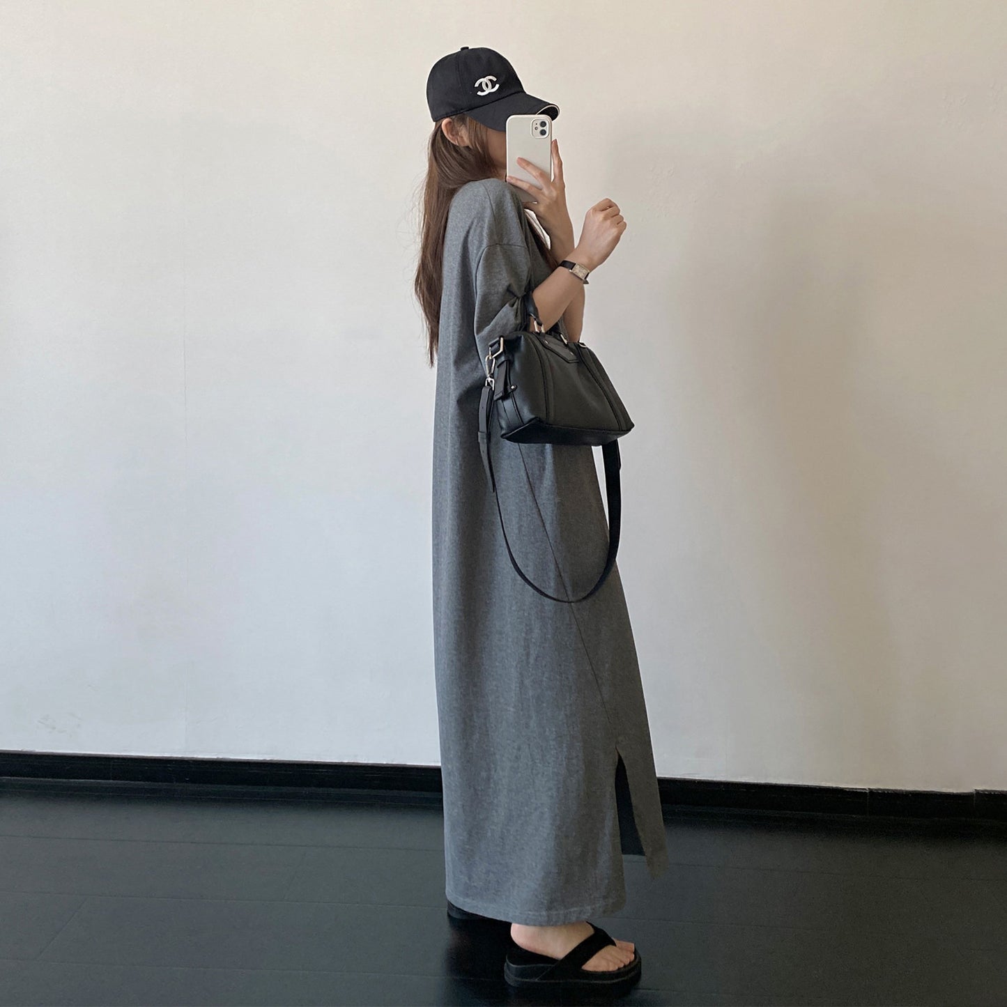 【ワンピース】スリットデザイン Tシャツワンピース ゆったりシルエット ルーズ リラックス 半袖 ロングドレス【FCシリーズ】