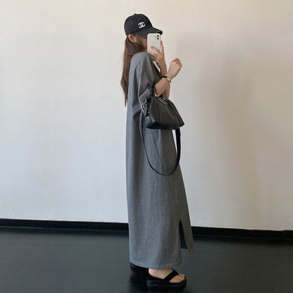 【ワンピース】スリットデザイン Tシャツワンピース ゆったりシルエット ルーズ リラックス 半袖 ロングドレス【FCシリーズ】