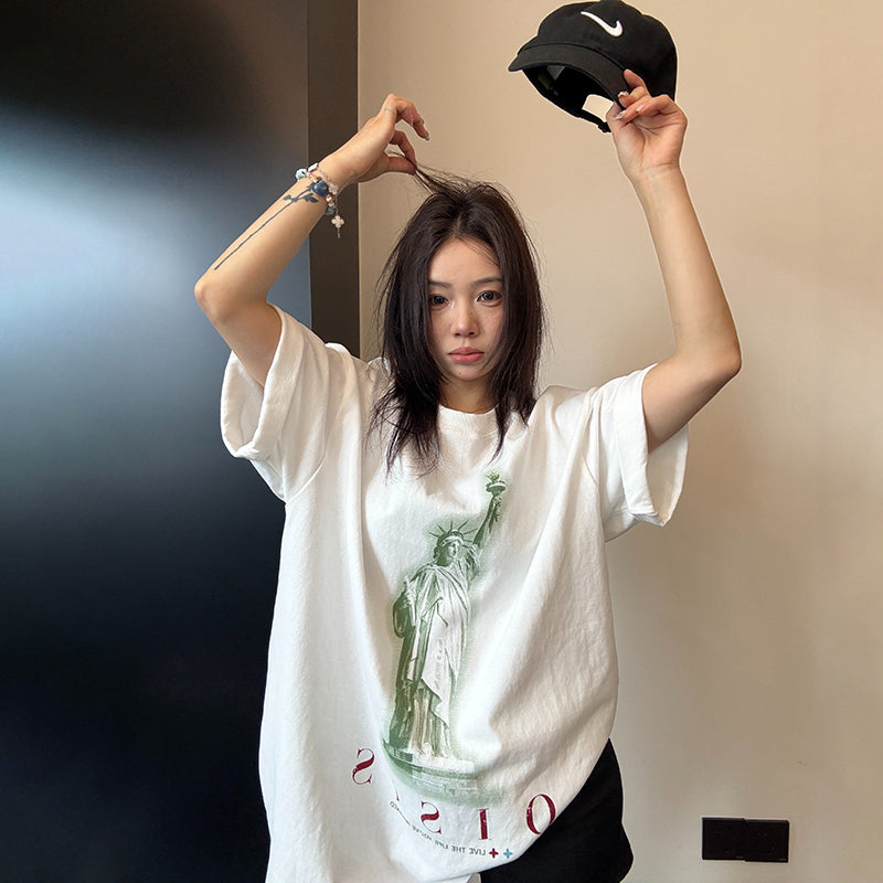 【トップス】アメリカンヴィンテージ風 プリント 半袖Tシャツ レディース 綿100％ オーバーサイズ カジュアル【FCシリーズ】