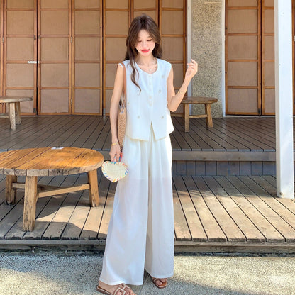 2点セット！【セットアップ】ベスト ワイドパンツ  上下セット レディース 春夏 ゆったり 体型カバー 人気 リゾートコーデ【JZシリーズ】