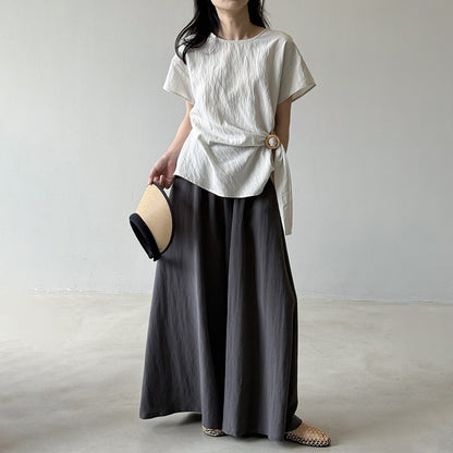 【トップス】夏新作 フレンチエレガンス テンセルリネン  半袖ブラウス 上品ラウンドネック デザインシャツ 【JZシリーズ】