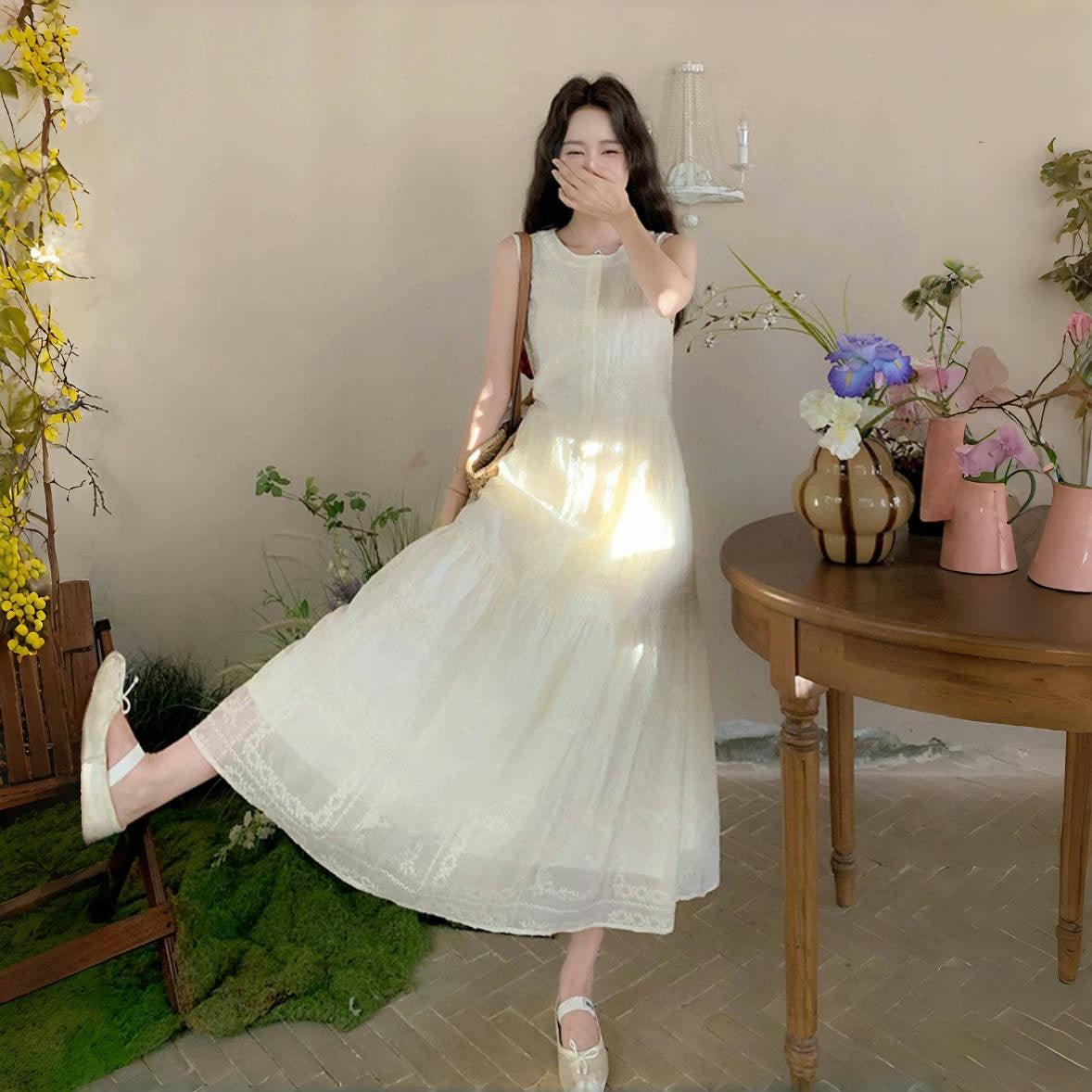 【ワンピース】オフホワイト レース刺繍 ノースリーブ タンク シャツワンピース レディース 夏 フレンチ風 優しげ バカンス デート フェアリー ロングドレス【JZシリーズ】