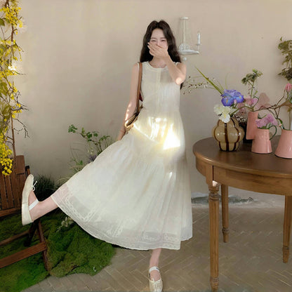 【ワンピース】オフホワイト レース刺繍 ノースリーブ タンク シャツワンピース レディース 夏 フレンチ風 優しげ バカンス デート フェアリー ロングドレス【JZシリーズ】