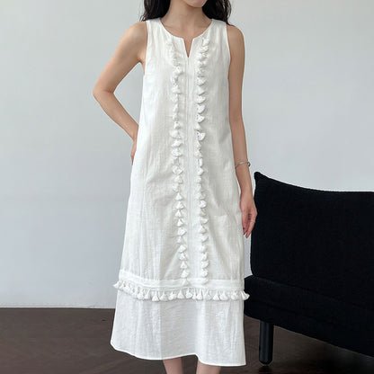 【ワンピース】韓国風 フリンジ切替 ゆったりリラックス Vネック ノースリーブワンピース 夏用 体型カバー 若見え ベストワンピース【JZシリーズ】