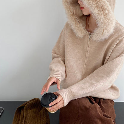 【アウター】取り外し可能ファー付き フードジップニットアウター 冬 韓国風 カジュアル ゆったりカーディガン【JZシリーズ】