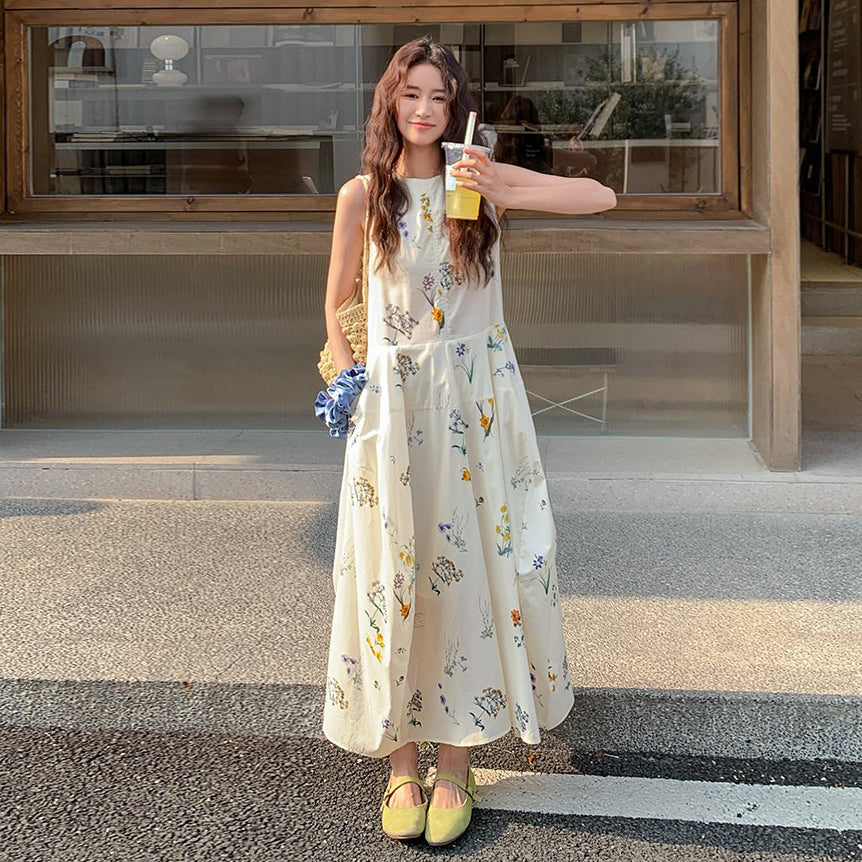 【ワンピース】小花柄ワンピース レディース 白 フレンチ風 ノースリーブ 背心タイプ ゆったり 体型カバー 細見え【SHシリーズ】