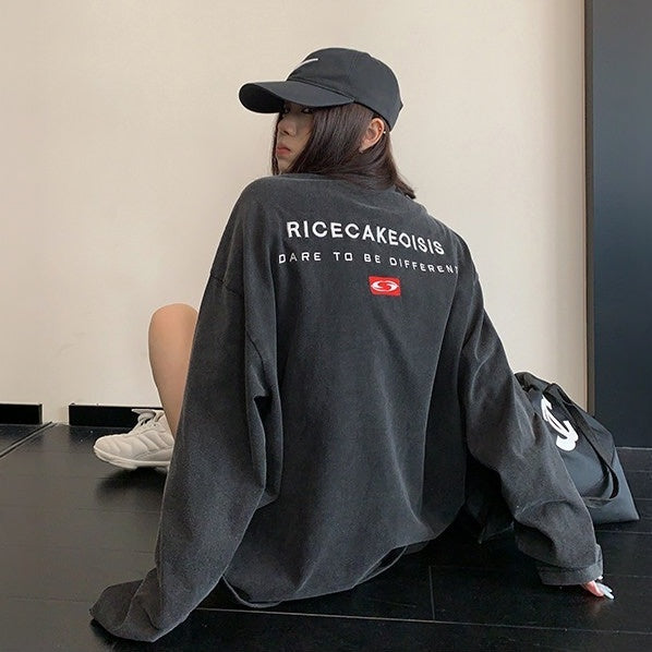 【トップス】ウォッシュ加工 刺繍 リラックス クルーネック 長袖Tシャツ 【FCシリーズ】