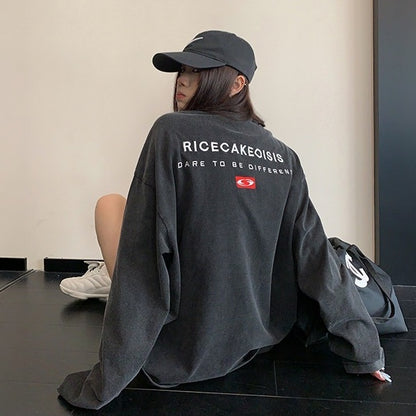 【トップス】ウォッシュ加工 刺繍 リラックス クルーネック 長袖Tシャツ 【FCシリーズ】