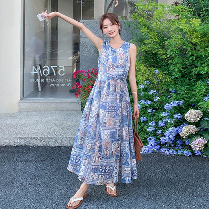 【ワンピース】韓国風エレガント リゾート民族風プリントノースリーブワンピース 【SHシリーズ】