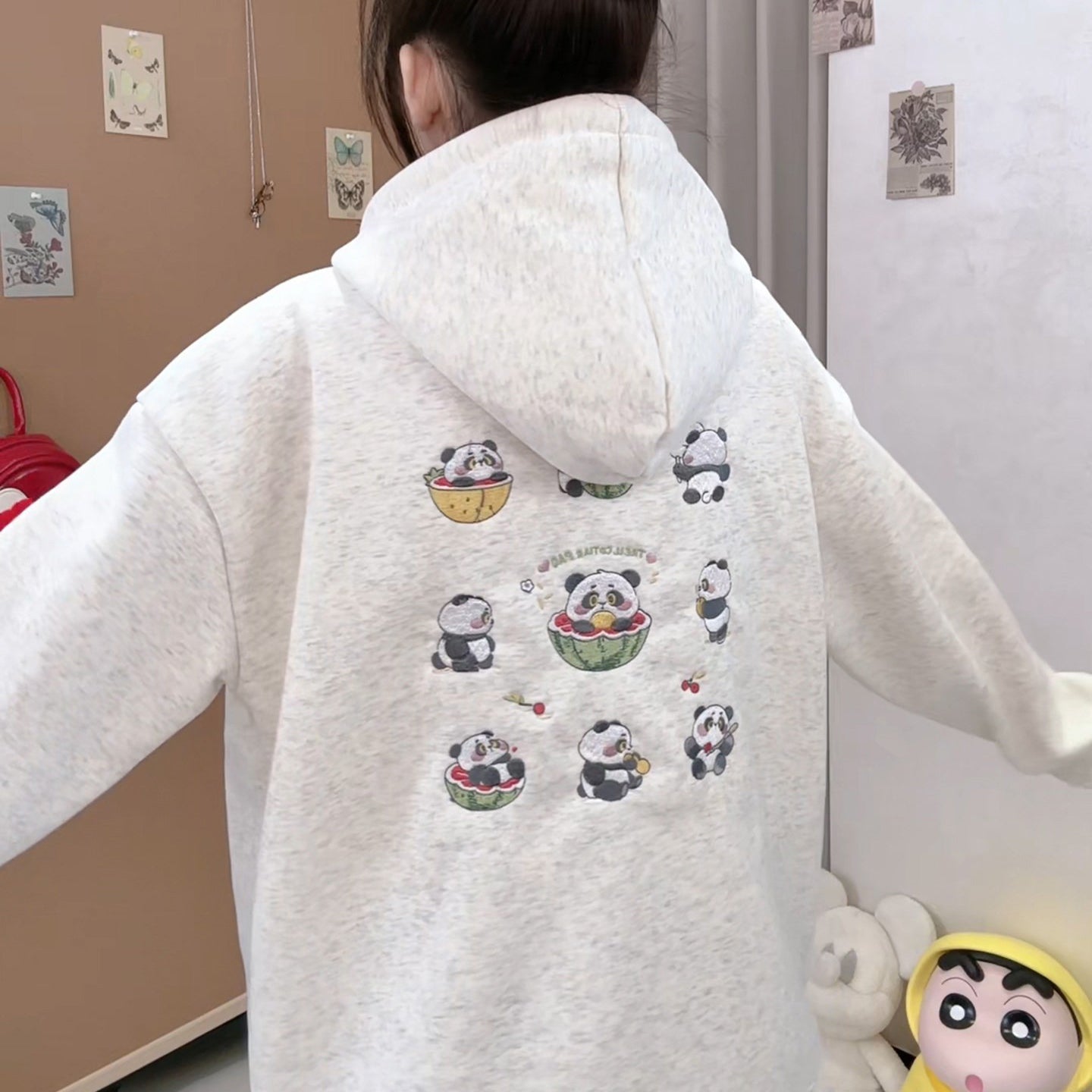 【トップス】韓国風 ゆるシルエット 🐼パンダ刺繍 裏起毛 パーカー レディース 秋冬【FCシリーズ】