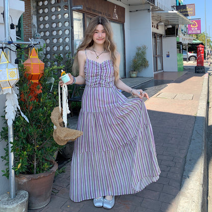 M~4XL【セットアップ】【単品注文】大きいサイズ レディース 夏 ボーダーロングワンピース ゆったり ウエストデザイン【SHシリーズ】