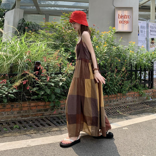 【ワンピース】夏新作 レトロ チェック柄 ゆったり カジュアル ノースリーブキャミワンピース【SHシリーズ】