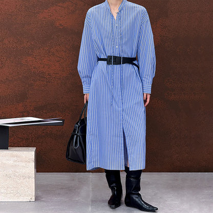 【ワンピース】秋先取り ロング丈 ストライプ 開襟長袖 シャツワンピース ゆるっとおしゃれ 着痩せデザイン【JZシリーズ】