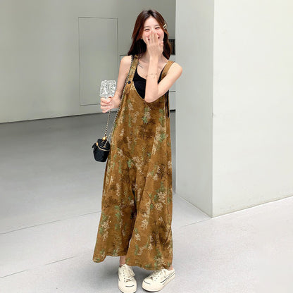 【ボトムス】エスニック調フラワープリント 夏新作 高級感 高見え ハイウエスト落ち感 オールインワン【SHシリーズ】