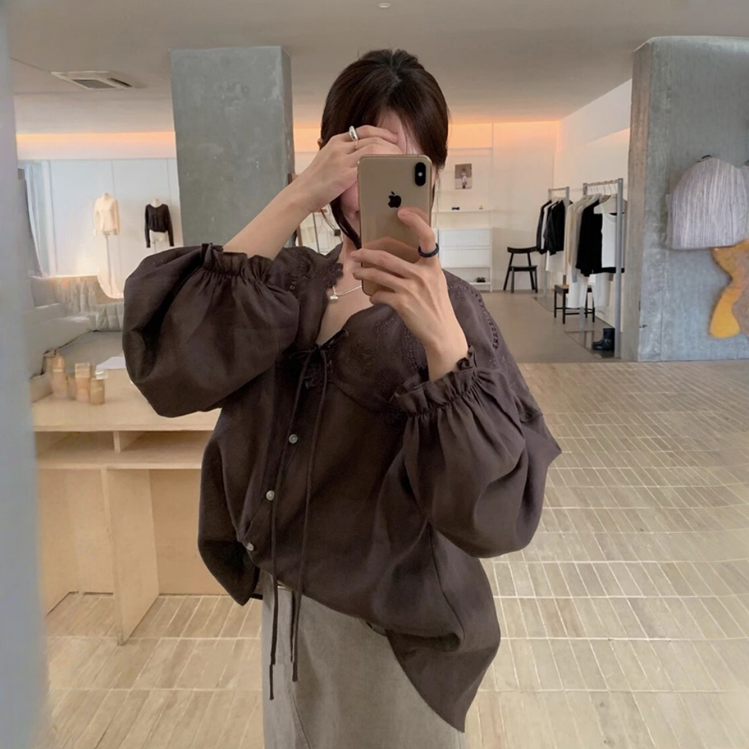 【トップス】春 秋 夏 透かし彫り 切り替え レース 刺繍 シャツ 【JZシリーズ】