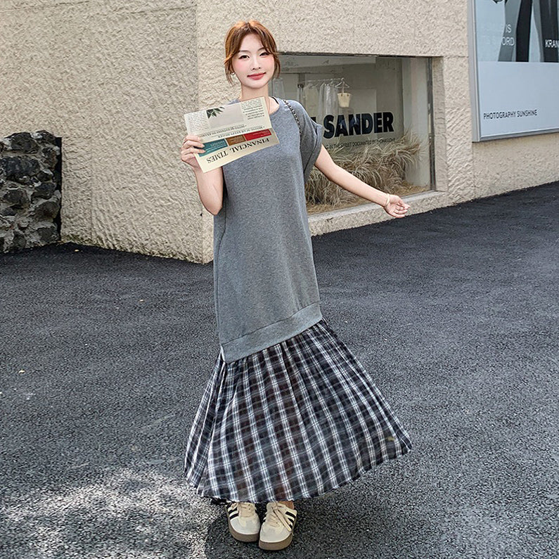 【ワンピース】夏新作 チェック切り替え風 フェイクレイヤード スリム見え 半袖ワンピース【SHシリーズ】