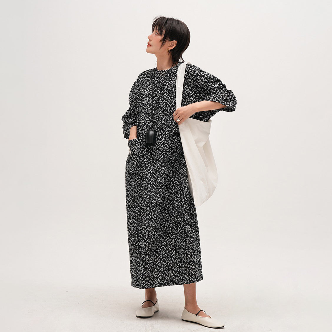 【ワンピース】レトロ 花柄 長袖ワンピース レディース 薄手 ゆったりスリム見え 大きいサイズ ラウンドネック【SHシリーズ】【JZシリーズ】