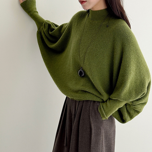 【トップス】秋新作 ハーフハイネック バットスリーブ ウールニット レディース ゆったり ルーズフィット【JZシリーズ】