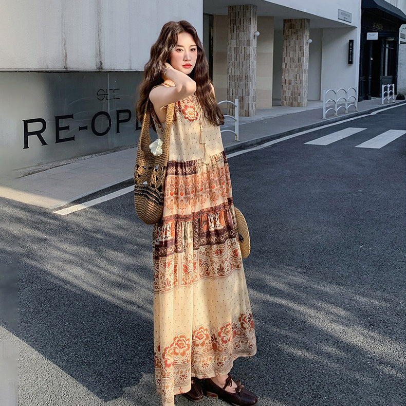 【ワンピース】フレンチヴィンテージ 花柄ボヘミアンワンピース ゆったり 夏新作 ノースリーブワンピース【SHシリーズ】